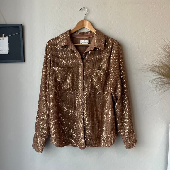 Anthropologie Top Sequin Brown Long Sleeve Remie Button Up Shirt Size XL - Picture 2 of 9